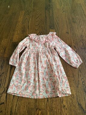 Girls Floral Long-Sleeve Ruffle Neck Dress - Pink